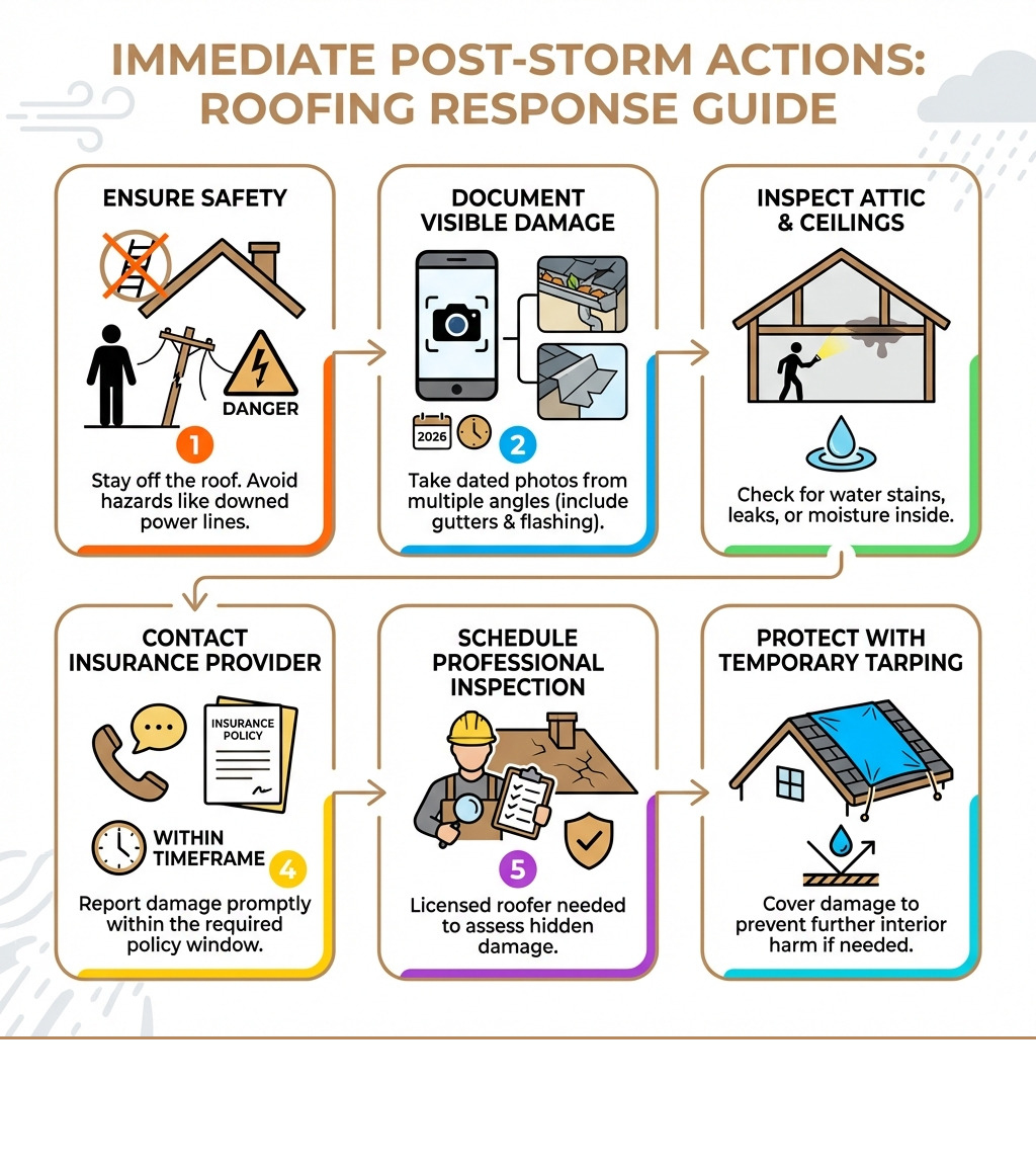 Infographic showing immediate post-storm actions: 1) Ensure safety by staying off the roof and avoiding hazards like downed power lines, 2) Document visible damage with dated photos from multiple angles including gutters and flashing, 3) Inspect your attic and ceilings for water stains or leaks, 4) Contact your insurance provider within the required timeframe, 5) Schedule a professional roof inspection to assess hidden damage, 6) Protect your home with temporary tarping if needed - storm damage roofing infographic Infographic showing immediate post-storm actions: 1) Ensure safety by staying off the roof and avoiding hazards like downed power lines, 2) Document visible damage with dated photos from multiple angles including gutters and flashing, 3) Inspect your attic and ceilings for water stains or leaks, 4) Contact your insurance provider within the required timeframe, 5) Schedule a professional roof inspection to assess hidden damage, 6) Protect your home with temporary tarping if needed - storm damage roofing infographic
