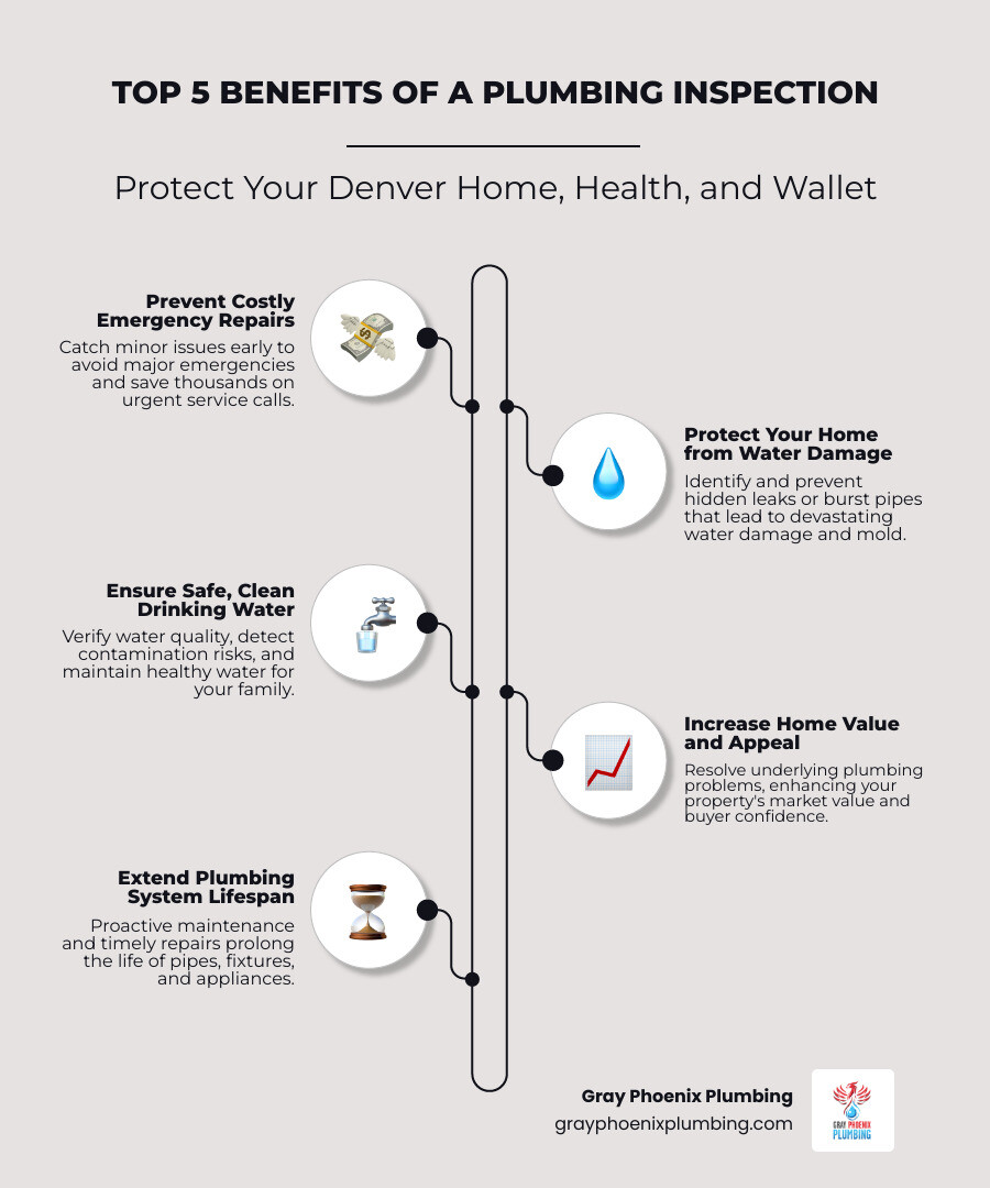 Infographic showing the top 5 benefits of a plumbing inspection: 1. Prevent costly emergency repairs by catching issues early, 2. Protect your home from water damage and mold, 3. Ensure safe, clean drinking water for your family, 4. Increase home value and appeal for buyers, 5. Extend the lifespan of your plumbing system through proactive maintenance - plumbing inspection Denver CO infographic infographic-line-5-steps-elegant_beige