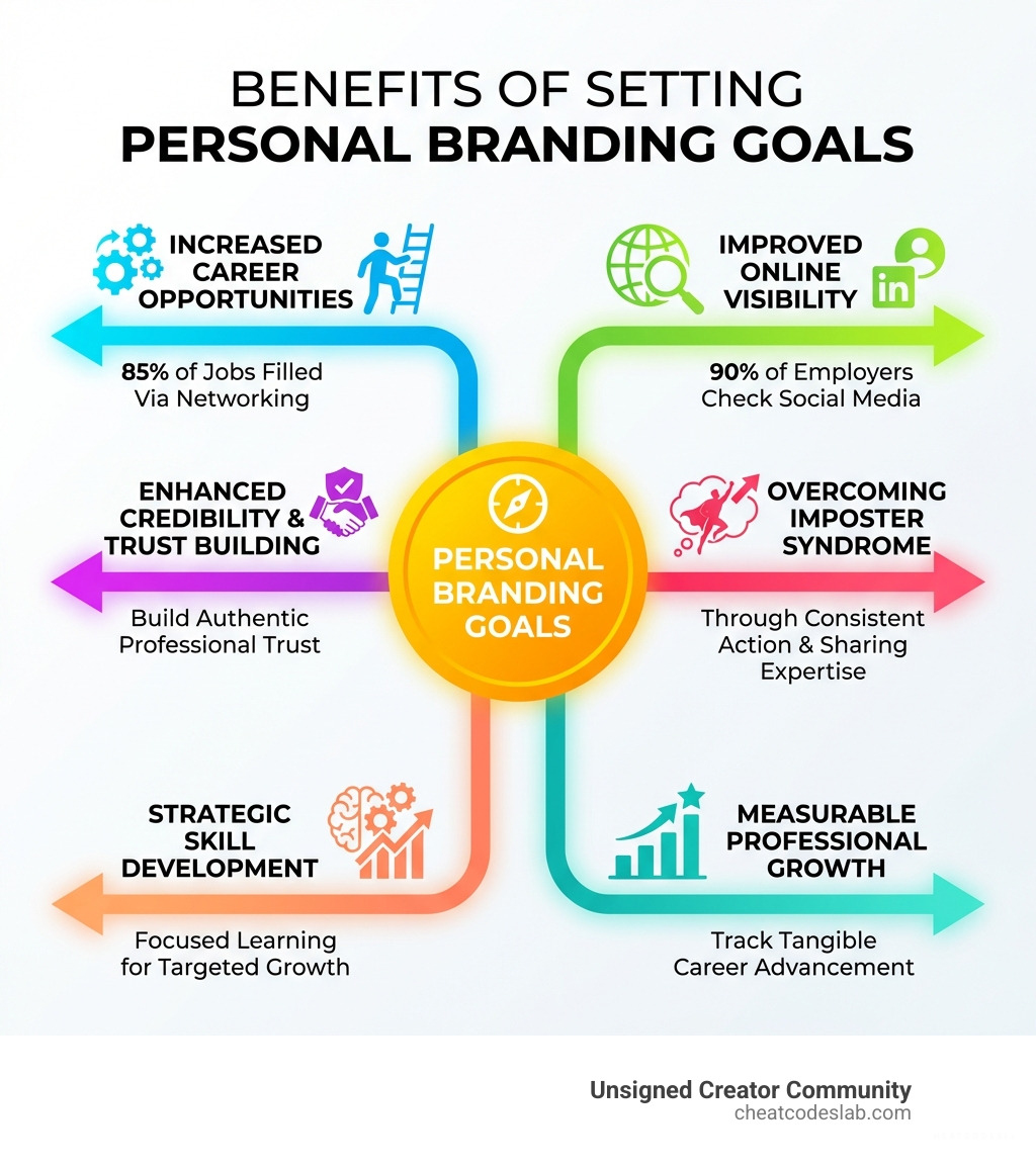 infographic showing the benefits of setting personal branding goals including increased career opportunities with 85% of jobs filled via networking, improved online visibility with 90% of employers checking social media, enhanced credibility and trust building, overcoming imposter syndrome through consistent action, strategic skill development, and measurable professional growth - Personal branding goals infographic 