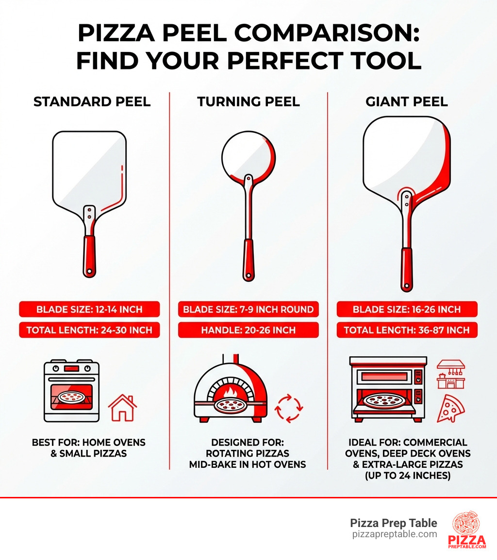 Infographic comparing three pizza peel types: Standard Peel (12-14 inch blade, 24-30 inch total length, best for home ovens and small pizzas), Turning Peel (7-9 inch round blade, 20-26 inch handle, designed for rotating pizzas mid-bake in hot ovens), and Giant Peel (16-26 inch blade, 36-87 inch total length, ideal for commercial ovens, deep deck ovens, and extra-large pizzas up to 24 inches) - giant pizza peel infographic Infographic comparing three pizza peel types: Standard Peel (12-14 inch blade, 24-30 inch total length, best for home ovens and small pizzas), Turning Peel (7-9 inch round blade, 20-26 inch handle, designed for rotating pizzas mid-bake in hot ovens), and Giant Peel (16-26 inch blade, 36-87 inch total length, ideal for commercial ovens, deep deck ovens, and extra-large pizzas up to 24 inches) - giant pizza peel infographic