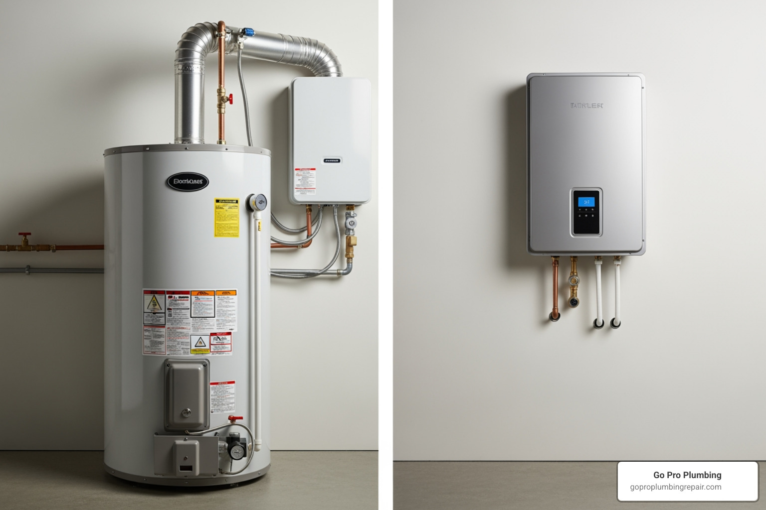 bulky traditional tank water heater next to a compact tankless unit - Tankless water heater reviews