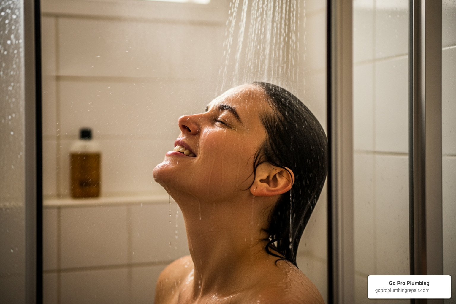 person happily using a shower with endless hot water - Tankless water heater reviews