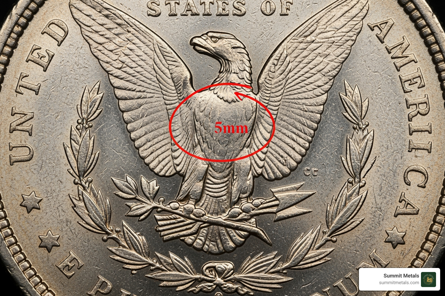 reverse of a Morgan Dollar with mint mark location circled - sell morgan silver dollars