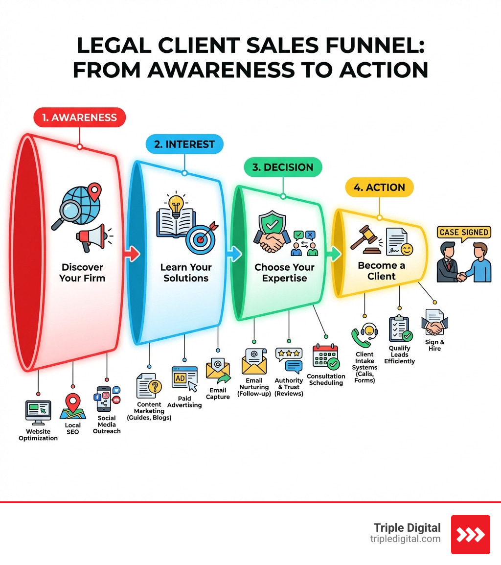 legal client sales funnel showing four stages from awareness to action with key tactics at each stage - lead generation for lawyers infographic 