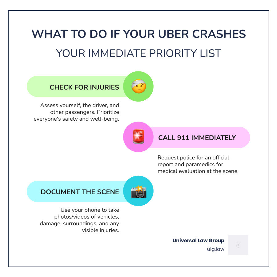 Infographic showing immediate steps after Uber crash: Step 1 shows icon of person checking for injuries with text Check for Injuries and Ensure Safety, Step 2 shows phone with 911 with text Call Emergency Services Police and Paramedics, Step 3 shows smartphone camera with text Document the Scene Photos Videos and Details - what to do if your uber crashes infographic infographic-line-3-steps-colors Infographic showing immediate steps after Uber crash: Step 1 shows icon of person checking for injuries with text Check for Injuries and Ensure Safety, Step 2 shows phone with 911 with text Call Emergency Services Police and Paramedics, Step 3 shows smartphone camera with text Document the Scene Photos Videos and Details - what to do if your uber crashes infographic infographic-line-3-steps-colors