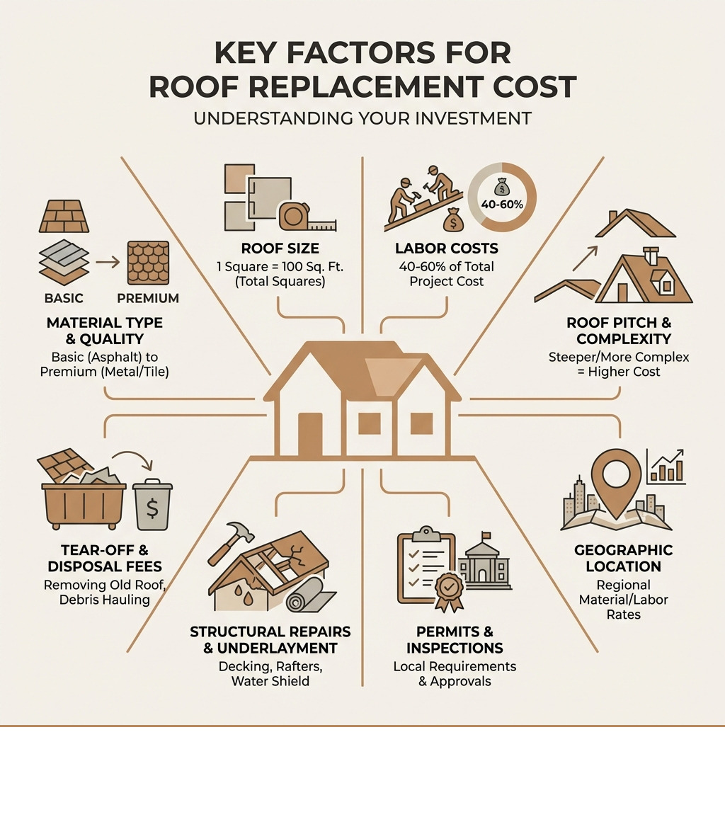 Infographic showing the main cost factors for roof replacement including material type and quality, roof size measured in squares, labor costs as percentage of total, roof pitch and complexity, tear-off and disposal fees, structural repairs and underlayment, permits and inspections, and geographic location - average cost to roof a home infographic Infographic showing the main cost factors for roof replacement including material type and quality, roof size measured in squares, labor costs as percentage of total, roof pitch and complexity, tear-off and disposal fees, structural repairs and underlayment, permits and inspections, and geographic location - average cost to roof a home infographic