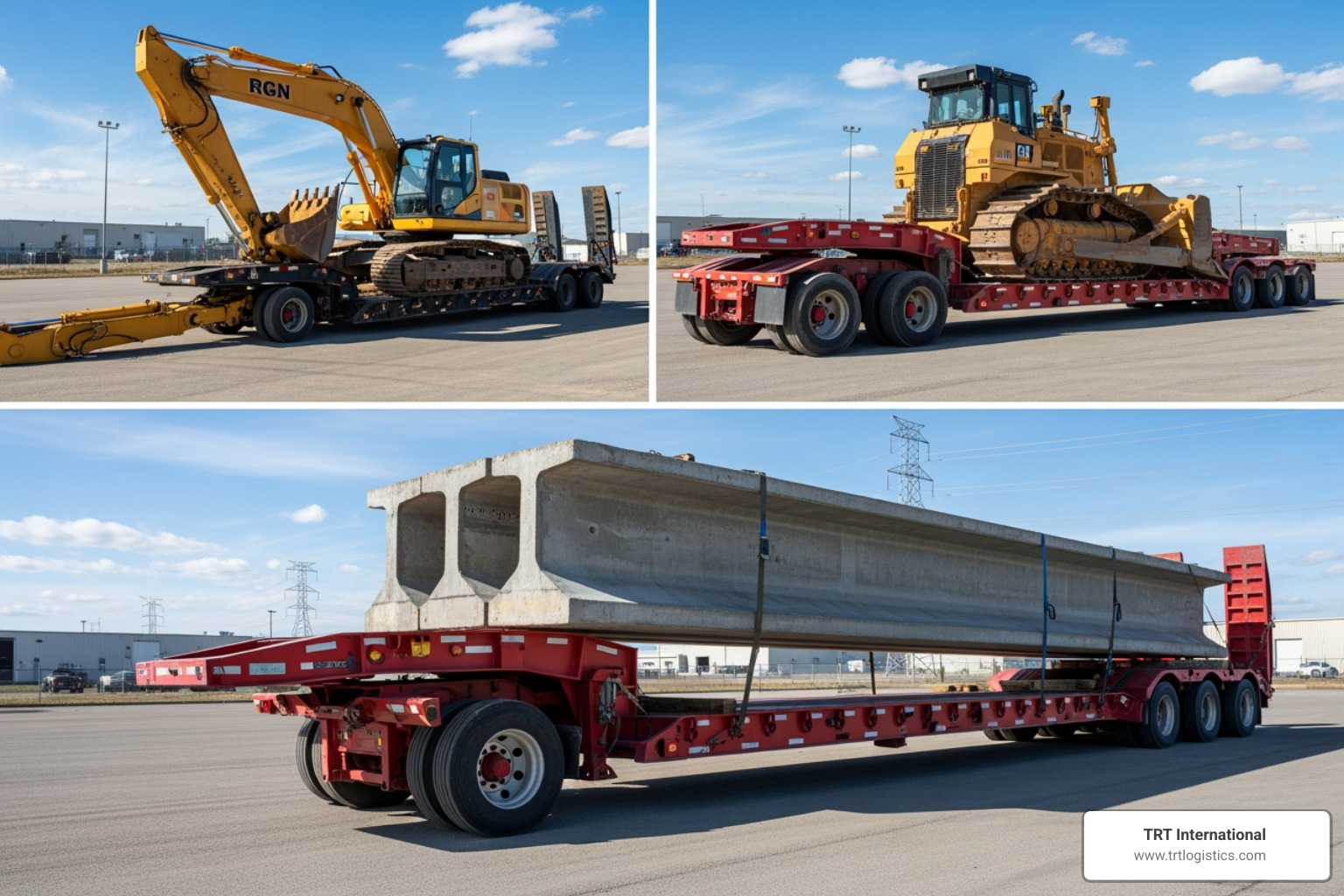 collage of different trailer types: RGN, step-deck, flatbed - heavy equipment transport