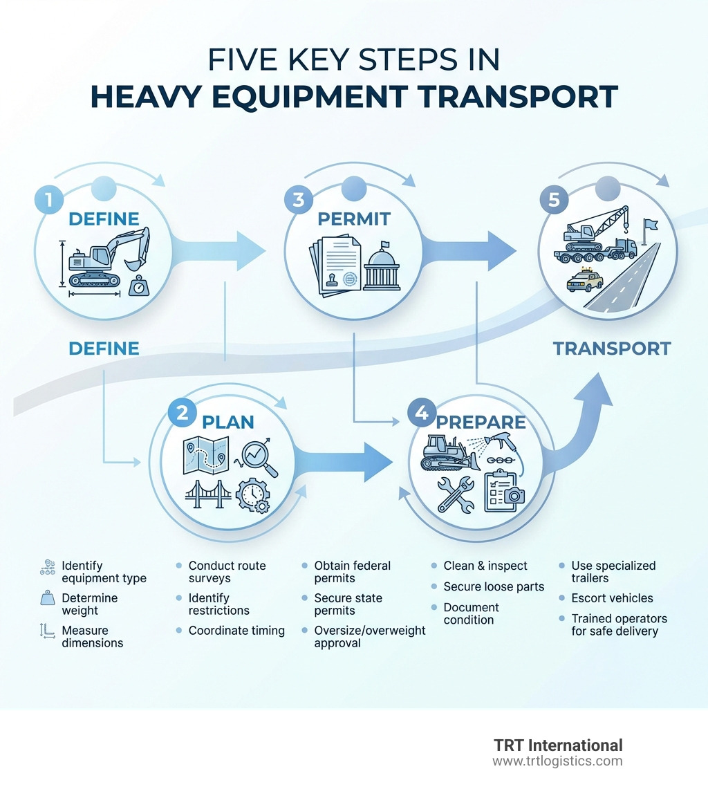 Infographic showing the five key steps in heavy equipment transport: 1. Define - Identify equipment type, weight, and dimensions; 2. Plan - Conduct route surveys, identify restrictions, coordinate timing; 3. Permit - Obtain federal and state oversize/overweight permits; 4. Prepare - Clean, inspect, secure loose parts, document condition; 5. Transport - Use specialized trailers, escort vehicles, and trained operators for safe delivery - heavy equipment transport infographic 