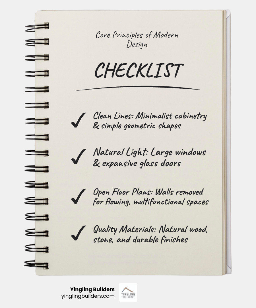 infographic showing the four core principles of modern home renovation design: Clean Lines with minimalist cabinetry and simple geometric shapes, Natural Light through large windows and glass doors, Open Floor Plans removing walls to create flowing multifunctional spaces, and Quality Materials including natural wood stone and durable finishes - modern home renovation infographic checklist-notebook