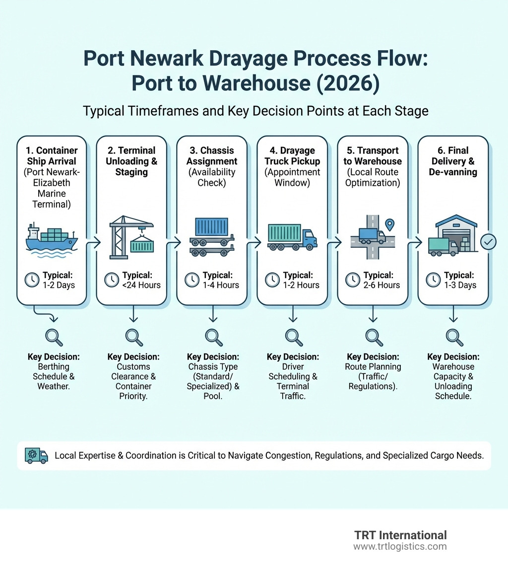 infographic showing the drayage process flow from container ship arrival at Port Newark through terminal unloading, chassis assignment, drayage truck pickup, transport to warehouse, and final delivery with typical timeframes and key decision points at each stage - local drayage newark infographic 