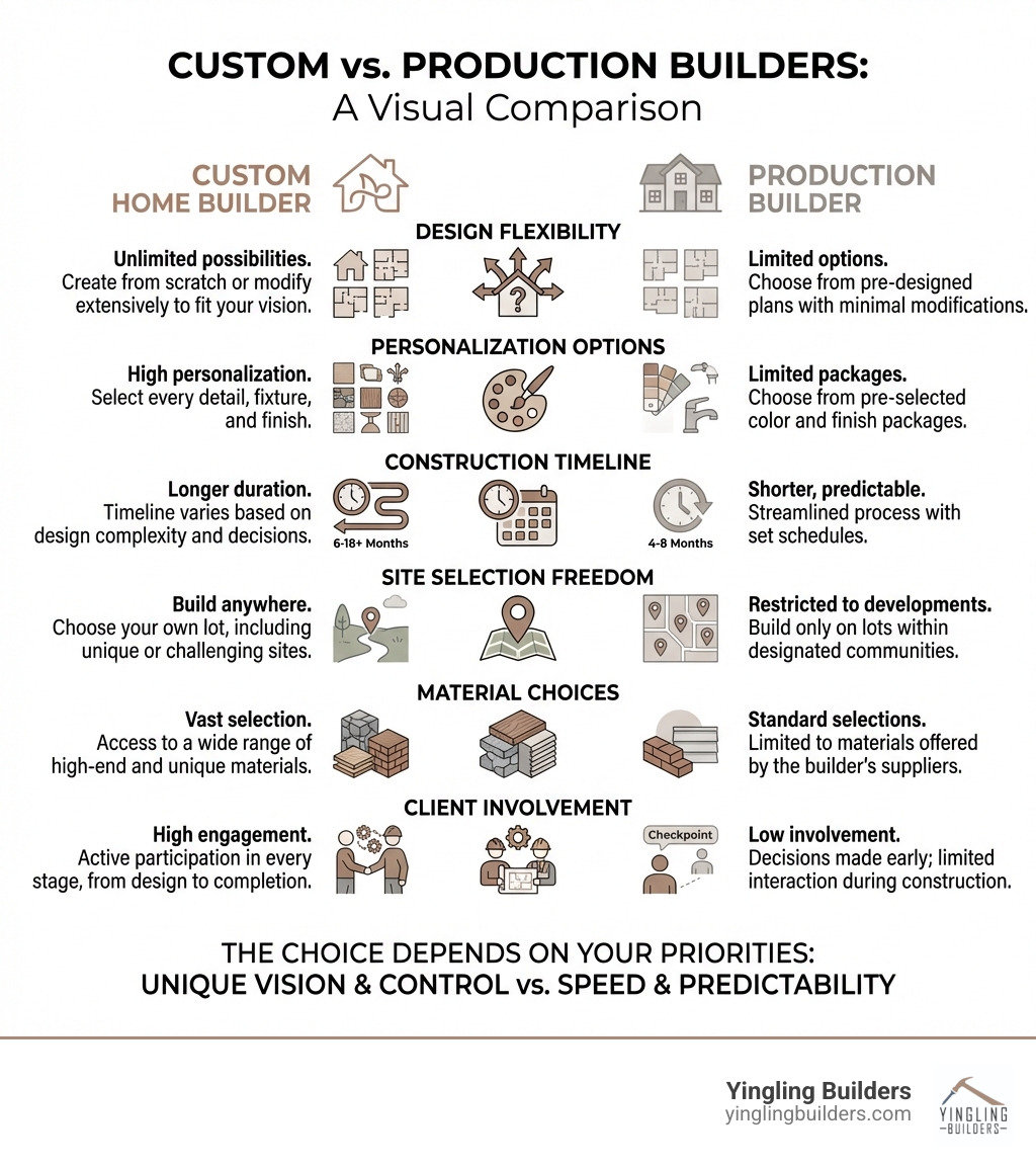 Infographic comparing custom home builders versus production builders, showing key differences in design flexibility, personalization options, construction timeline, site selection freedom, material choices, and client involvement throughout the building process, with icons representing each category and a visual comparison chart - best builders for new homes infographic Infographic comparing custom home builders versus production builders, showing key differences in design flexibility, personalization options, construction timeline, site selection freedom, material choices, and client involvement throughout the building process, with icons representing each category and a visual comparison chart - best builders for new homes infographic
