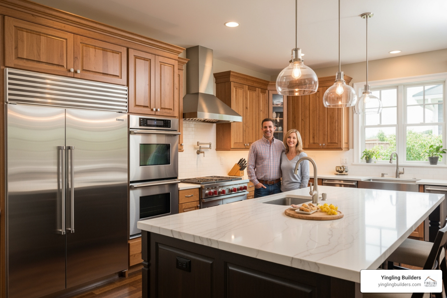 A custom-built kitchen featuring high-end stainless steel appliances, a large island with a waterfall countertop, warm wooden cabinetry, and modern pendant lighting, with a smiling couple admiring their new space - best builders for new homes A custom-built kitchen featuring high-end stainless steel appliances, a large island with a waterfall countertop, warm wooden cabinetry, and modern pendant lighting, with a smiling couple admiring their new space - best builders for new homes