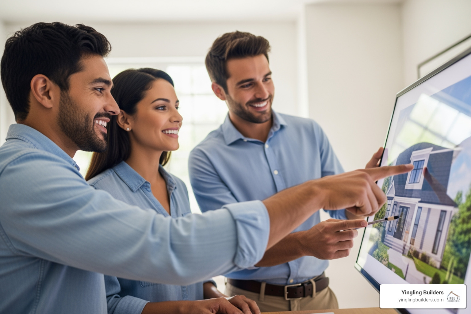 A positive image of a couple looking at an authentic rendering of their future home, smiling and pointing at details, with a friendly expert designer assisting them - best builders for new homes A positive image of a couple looking at an authentic rendering of their future home, smiling and pointing at details, with a friendly expert designer assisting them - best builders for new homes