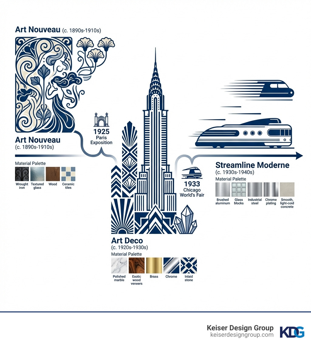Infographic showing the evolution from Art Nouveau through Art Deco to Streamline Moderne, with key characteristics, timeline markers for the 1925 Paris Exposition and 1933 Chicago World's Fair, representative building silhouettes showing the shift from vertical to horizontal emphasis, and material palettes for each era - art deco and streamline moderne infographic 
