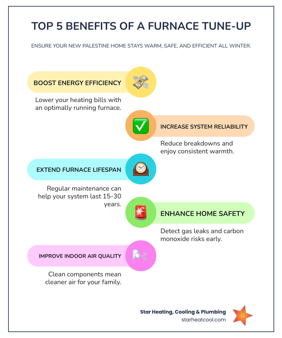 Infographic showing the top 5 benefits of annual furnace tune-up: improved energy efficiency, increased system reliability and fewer breakdowns, extended furnace lifespan of 15-30 years, enhanced home safety through carbon monoxide and gas leak detection, and better indoor air quality from clean filters and components - gas furnace tune-up in New Palestine, IN infographic infographic-line-5-steps-colors Infographic showing the top 5 benefits of annual furnace tune-up: improved energy efficiency, increased system reliability and fewer breakdowns, extended furnace lifespan of 15-30 years, enhanced home safety through carbon monoxide and gas leak detection, and better indoor air quality from clean filters and components - gas furnace tune-up in New Palestine, IN infographic infographic-line-5-steps-colors
