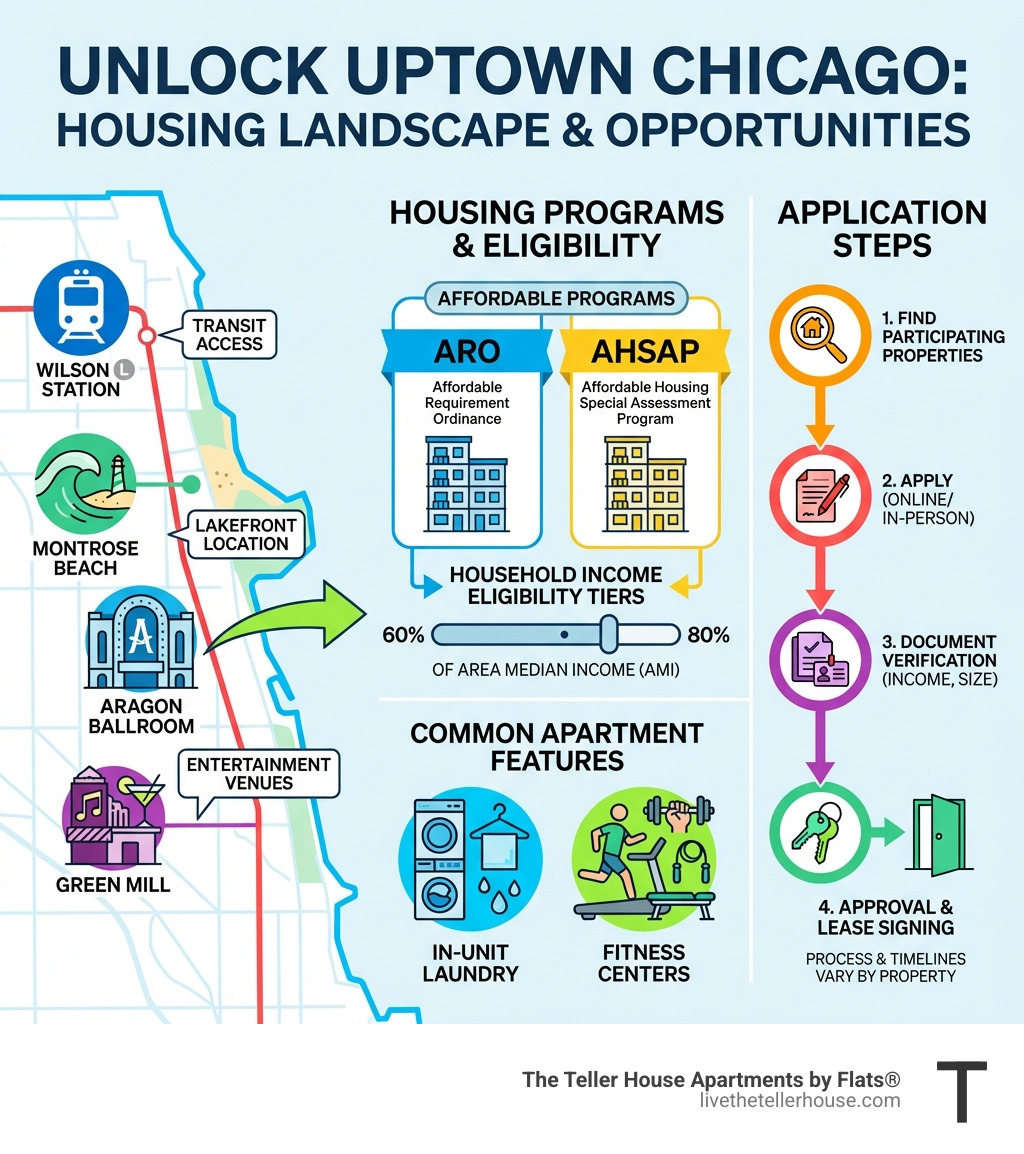 Infographic showing Uptown Chicago housing landscape: map highlighting Wilson L station transit access, Montrose Beach lakefront location, entertainment venues including Aragon Ballroom and Green Mill, housing program types ARO and AHSAP with household income eligibility tiers at 60-80% AMI, common apartment features like in-unit laundry and fitness centers, and application steps from finding participating properties to document verification - uptown chicago affordable rentals infographic Infographic showing Uptown Chicago housing landscape: map highlighting Wilson L station transit access, Montrose Beach lakefront location, entertainment venues including Aragon Ballroom and Green Mill, housing program types ARO and AHSAP with household income eligibility tiers at 60-80% AMI, common apartment features like in-unit laundry and fitness centers, and application steps from finding participating properties to document verification - uptown chicago affordable rentals infographic