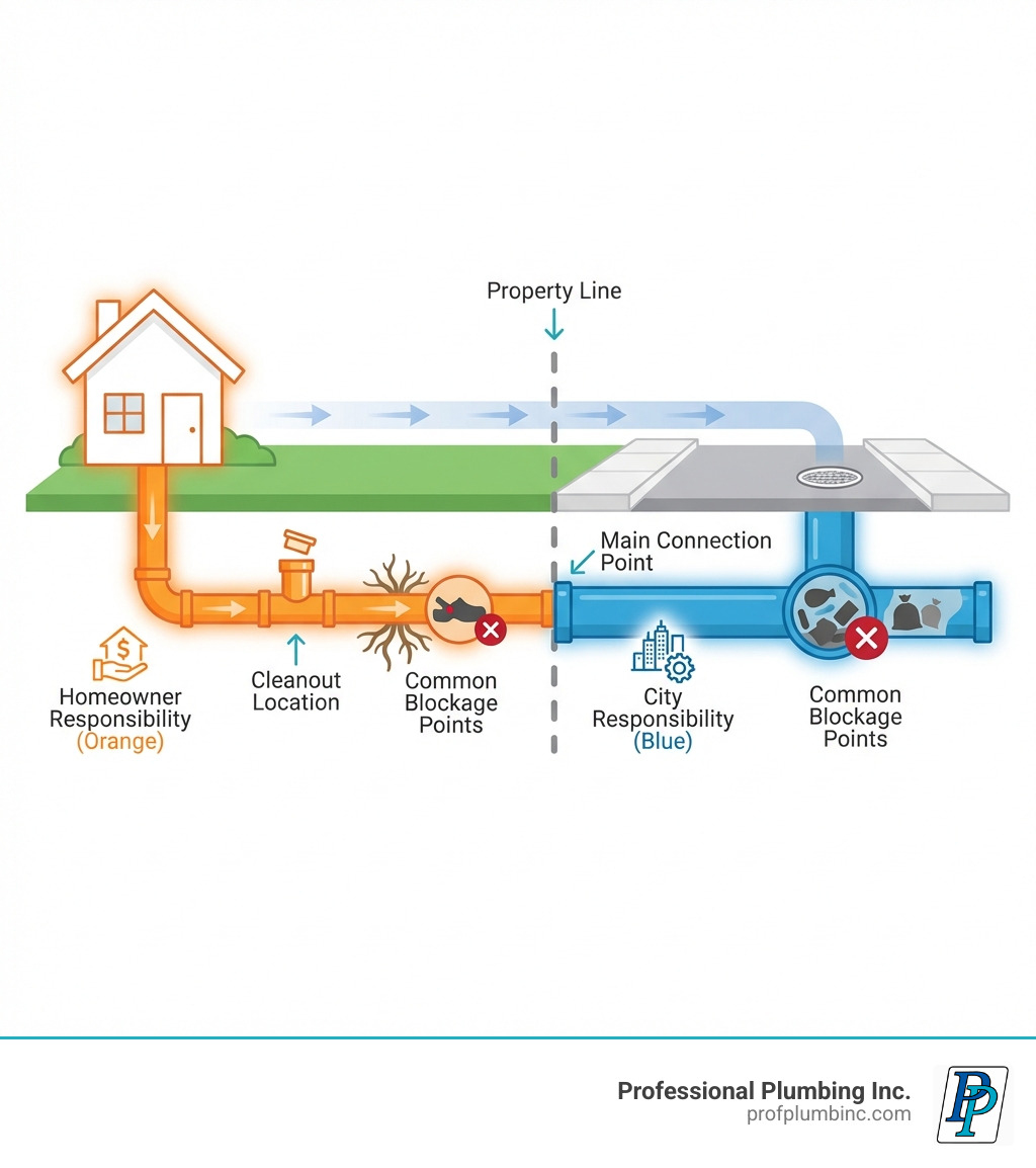 Infographic showing the difference between private sewer lateral and city sewer main, with a house on the left connected to a sewer lateral pipe (marked as homeowner responsibility in orange) running to the property line, then connecting to the city sewer main (marked as city responsibility in blue) in the street. Include labels for cleanout location, property line, and main connection point. Show common blockage points in both sections. - city sewer line backed up infographic Infographic showing the difference between private sewer lateral and city sewer main, with a house on the left connected to a sewer lateral pipe (marked as homeowner responsibility in orange) running to the property line, then connecting to the city sewer main (marked as city responsibility in blue) in the street. Include labels for cleanout location, property line, and main connection point. Show common blockage points in both sections. - city sewer line backed up infographic