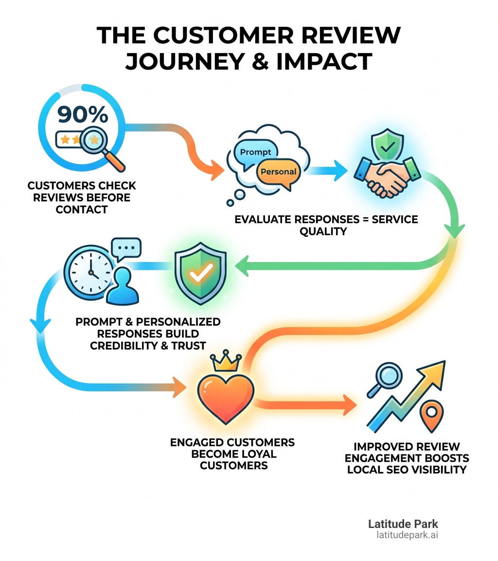 Infographic showing the customer journey: 90% of customers check reviews before contacting a business, customers evaluate how businesses respond to reviews as a measure of service quality, prompt and personalized responses build credibility and trust, engaged customers become loyal customers, and improved review engagement boosts local SEO visibility - Google review response service infographic 