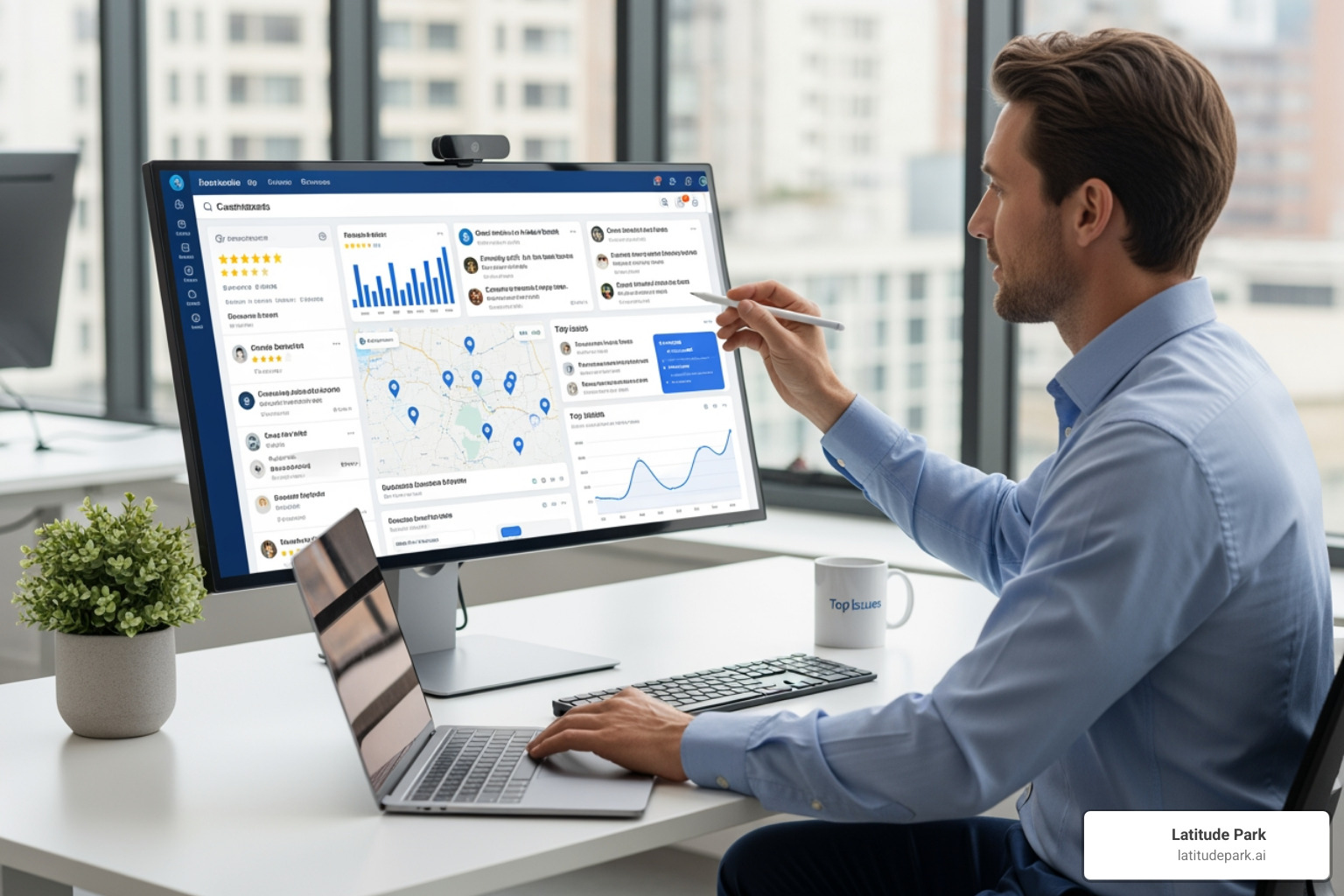 professional at a desk managing a review dashboard for multiple business locations - Google review response service