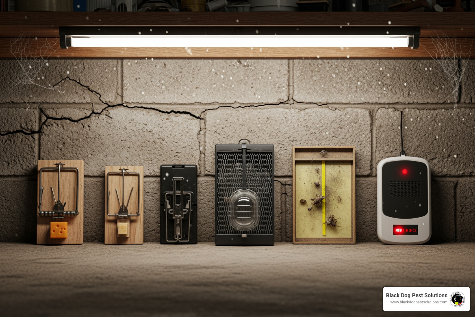 various mouse traps set along a garage wall - Garage mice control various mouse traps set along a garage wall - Garage mice control