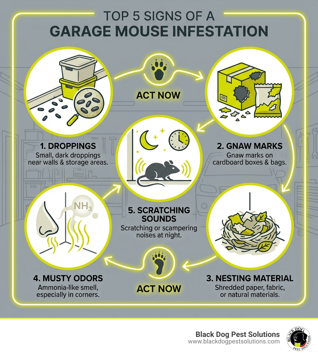 infographic showing the top 5 signs of a mouse infestation in a garage: small dark droppings near walls and storage areas, gnaw marks on cardboard boxes and bags, shredded nesting material made of paper or fabric, musty ammonia-like odors especially in corners, and scratching or scampering sounds at night - Garage mice control infographic infographic showing the top 5 signs of a mouse infestation in a garage: small dark droppings near walls and storage areas, gnaw marks on cardboard boxes and bags, shredded nesting material made of paper or fabric, musty ammonia-like odors especially in corners, and scratching or scampering sounds at night - Garage mice control infographic