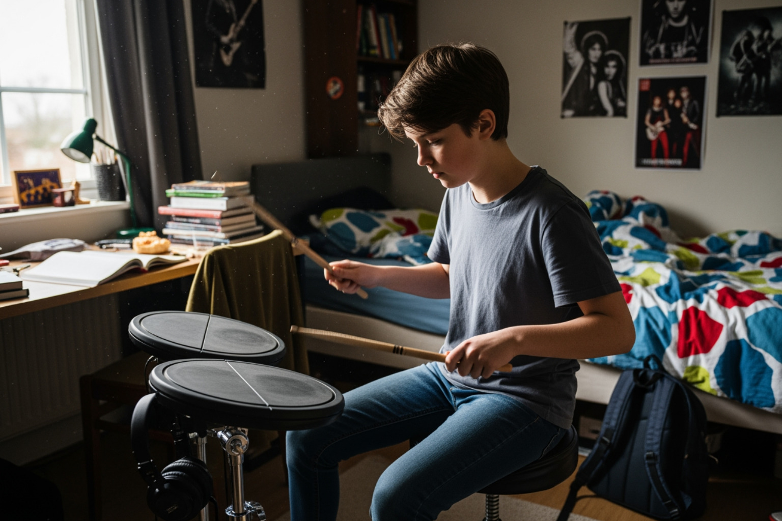 Student practicing on a drum pad at home - drum lessons cupertino