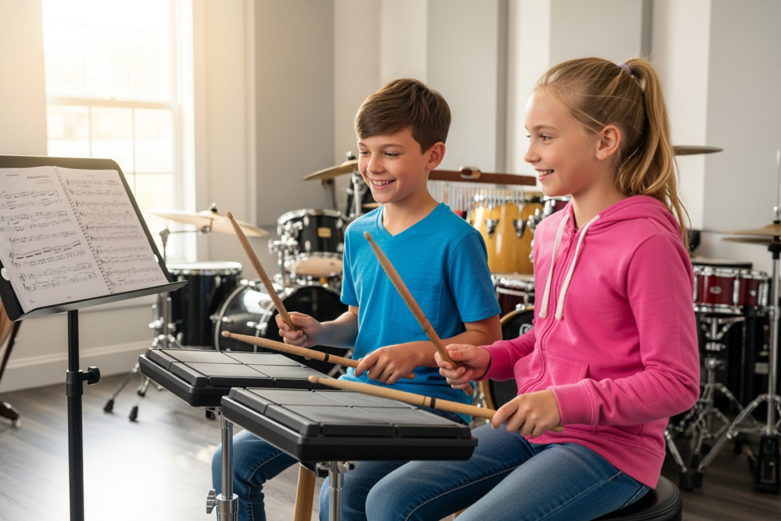 Two students smiling and learning together in a lesson - drum lessons cupertino