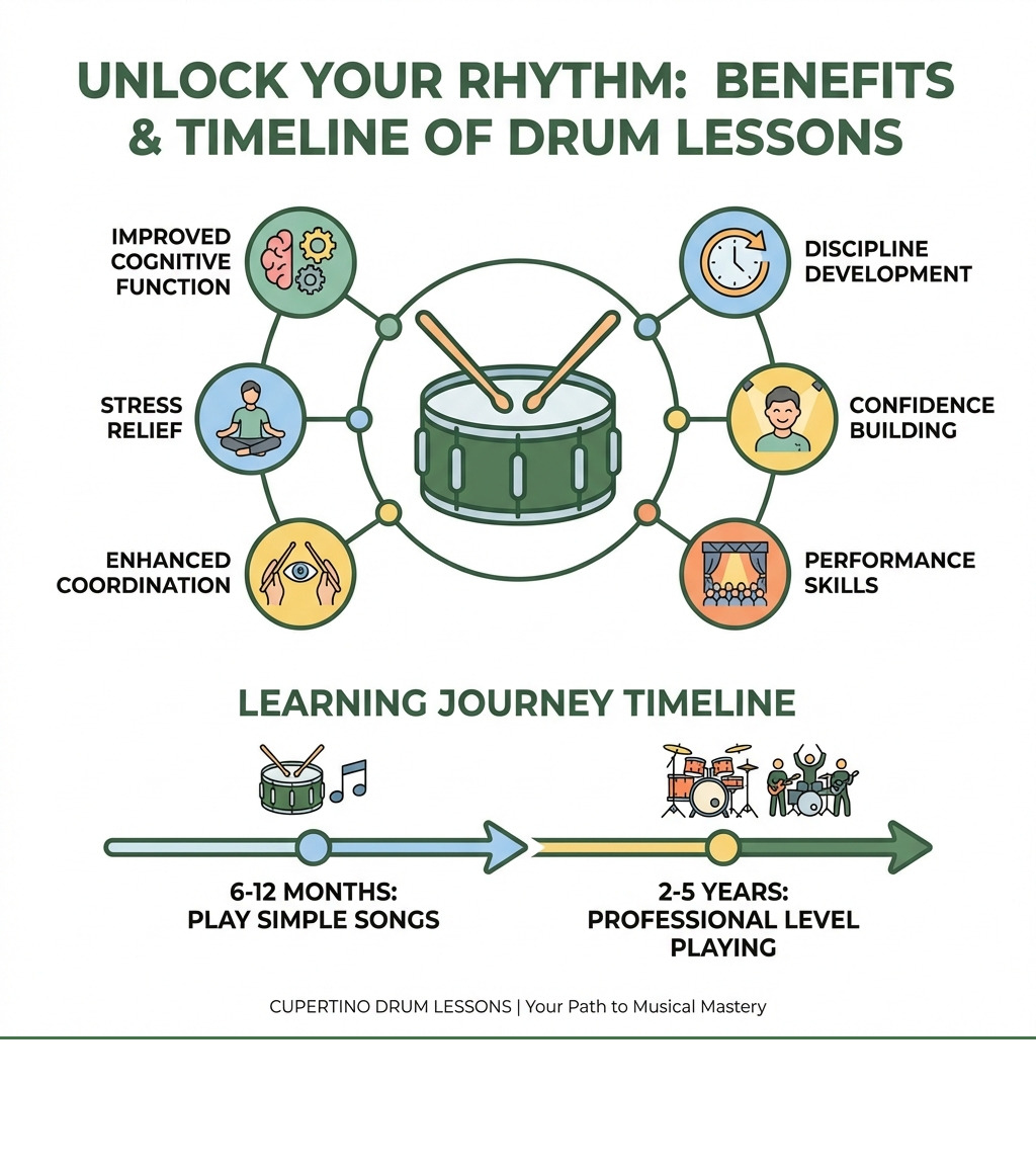 Infographic showing benefits of drum lessons including improved cognitive function, stress relief, enhanced coordination, discipline development, confidence building, and performance skills, with a timeline showing 6-12 months to play simple songs and 2-5 years for professional level playing - drum lessons cupertino infographic