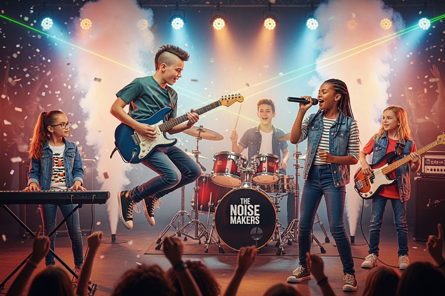 Kids' rock band performing on stage - music lessons cupertino