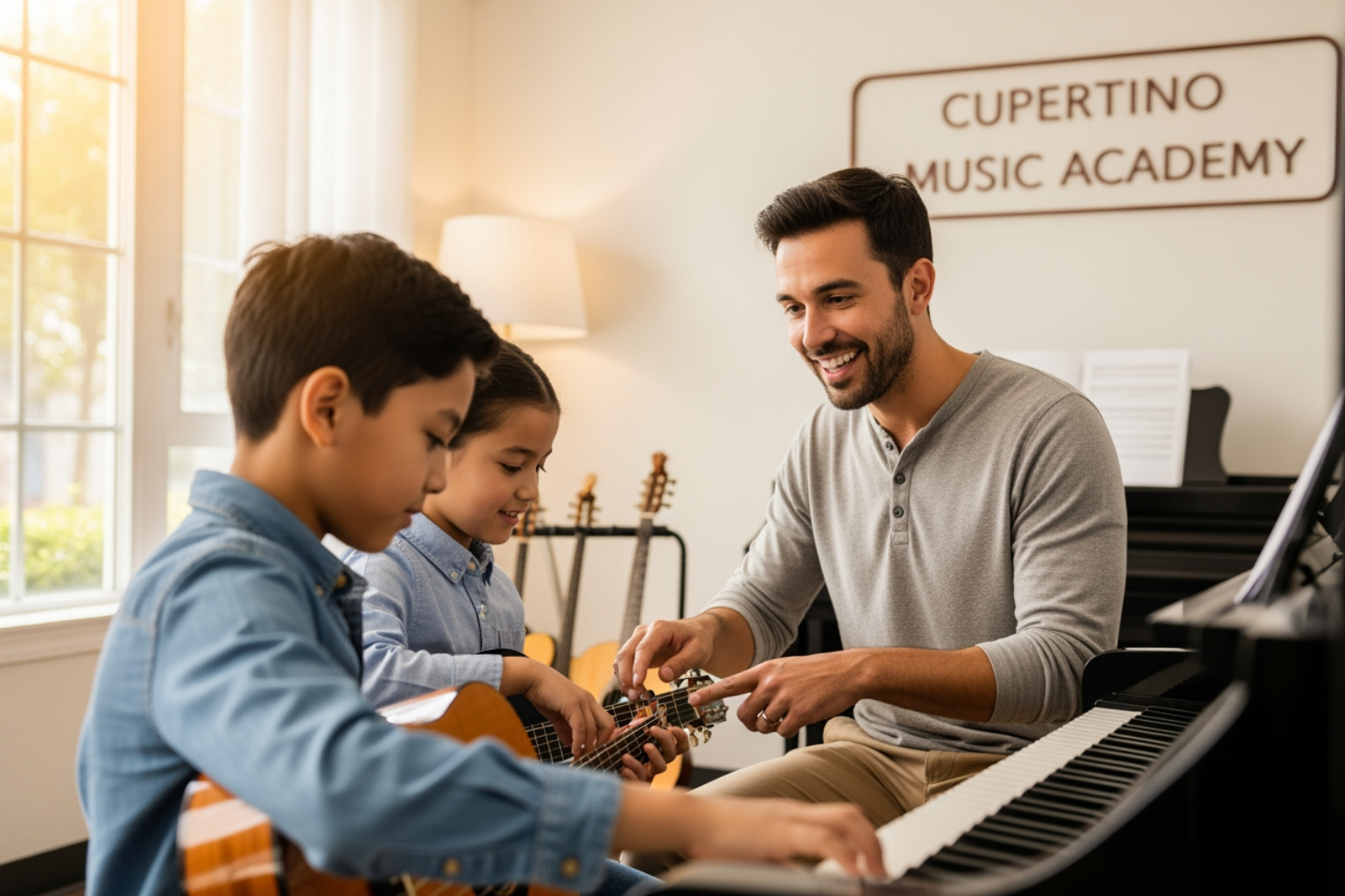 Various musical instruments like a piano, guitar, and drums - music lessons cupertino