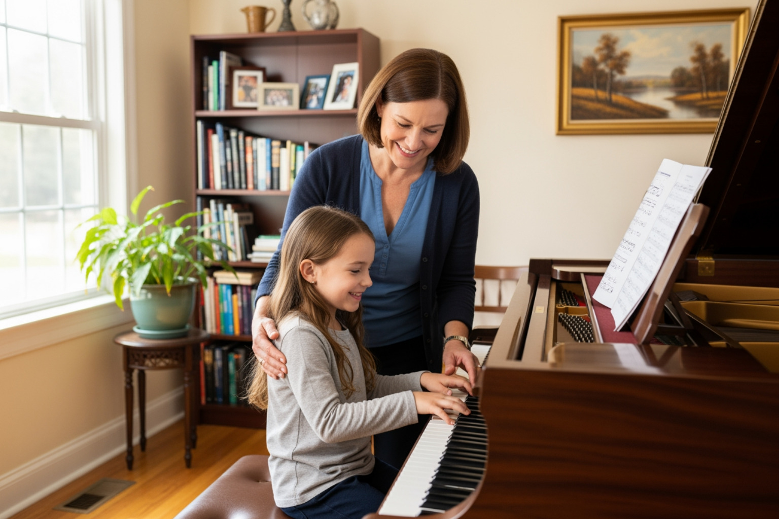 Friendly piano teacher guiding young student at keyboard - piano lessons cupertino