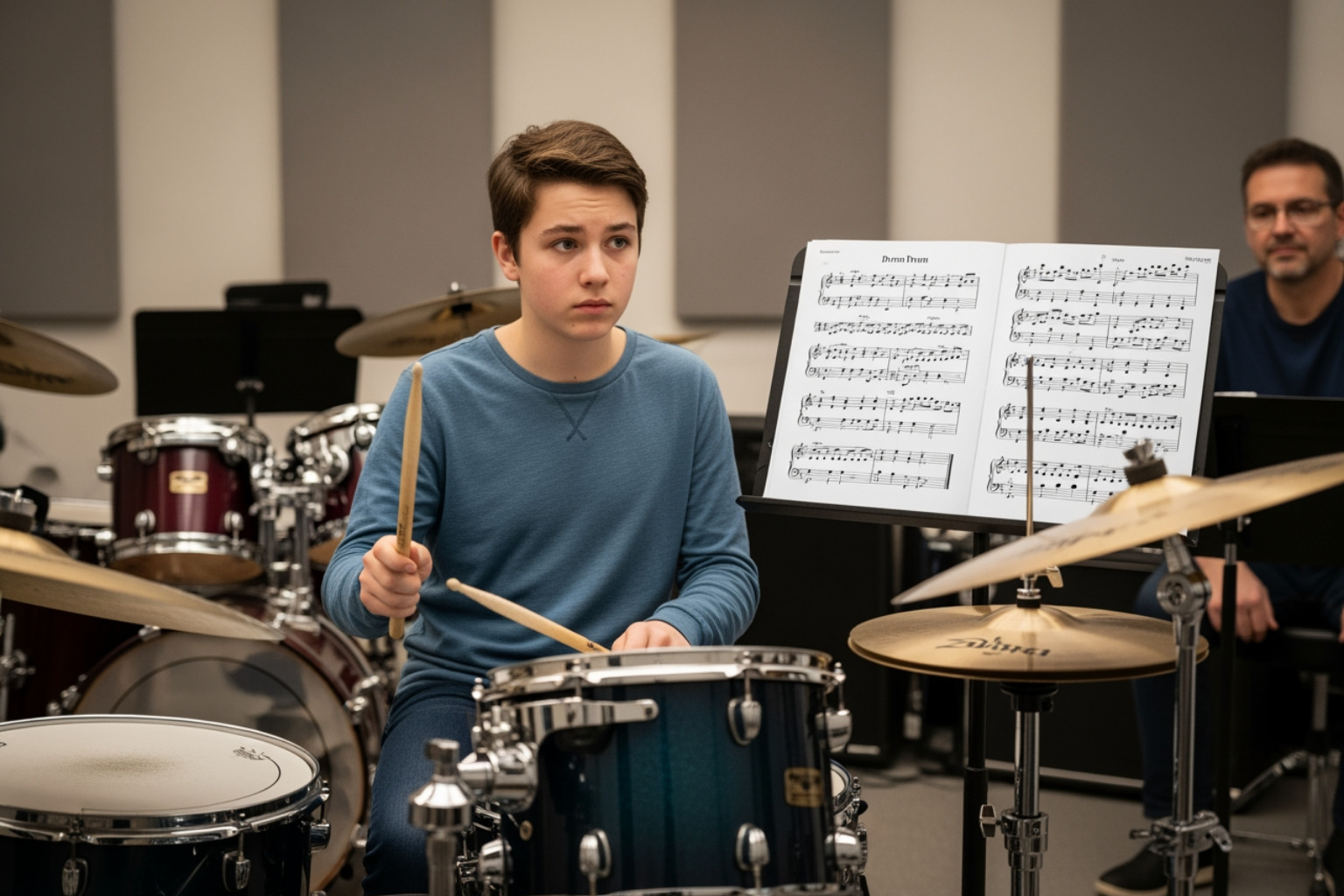 Student looking thoughtfully at drum sheet music during a lesson at be natural music cupertino - jazz drum class