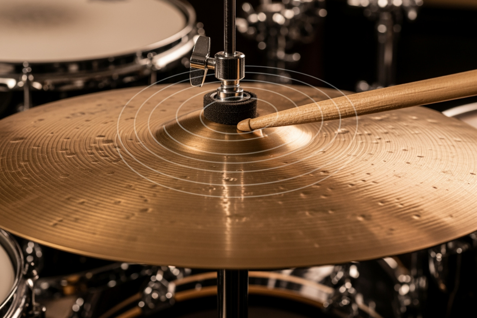 Close-up on a ride cymbal with a stick creating a splash - jazz drum class