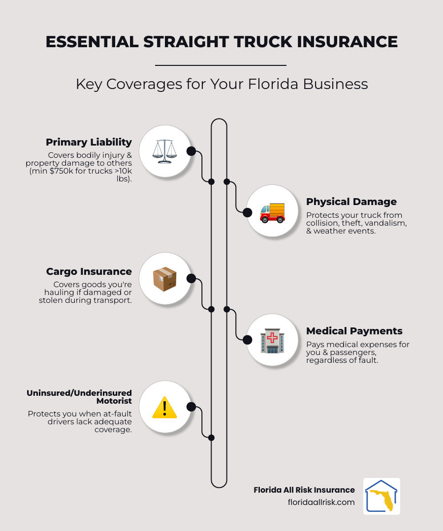 Infographic showing the essential components of straight truck insurance coverage in Florida: Primary Liability (minimum $750,000 for trucks over 10,000 lbs), Physical Damage Coverage (collision and comprehensive), Cargo Insurance (protects goods in transit), Medical Payments (covers driver and passengers), Uninsured Motorist Protection, and optional coverages including Rental Reimbursement, Roadside Assistance, and Trailer Interchange. The infographic displays average monthly costs ranging from $750-$1,000 per vehicle and highlights Florida-specific considerations such as hurricane protection and dense urban traffic risks. - straight truck insurance infographic infographic-line-5-steps-elegant_beige
