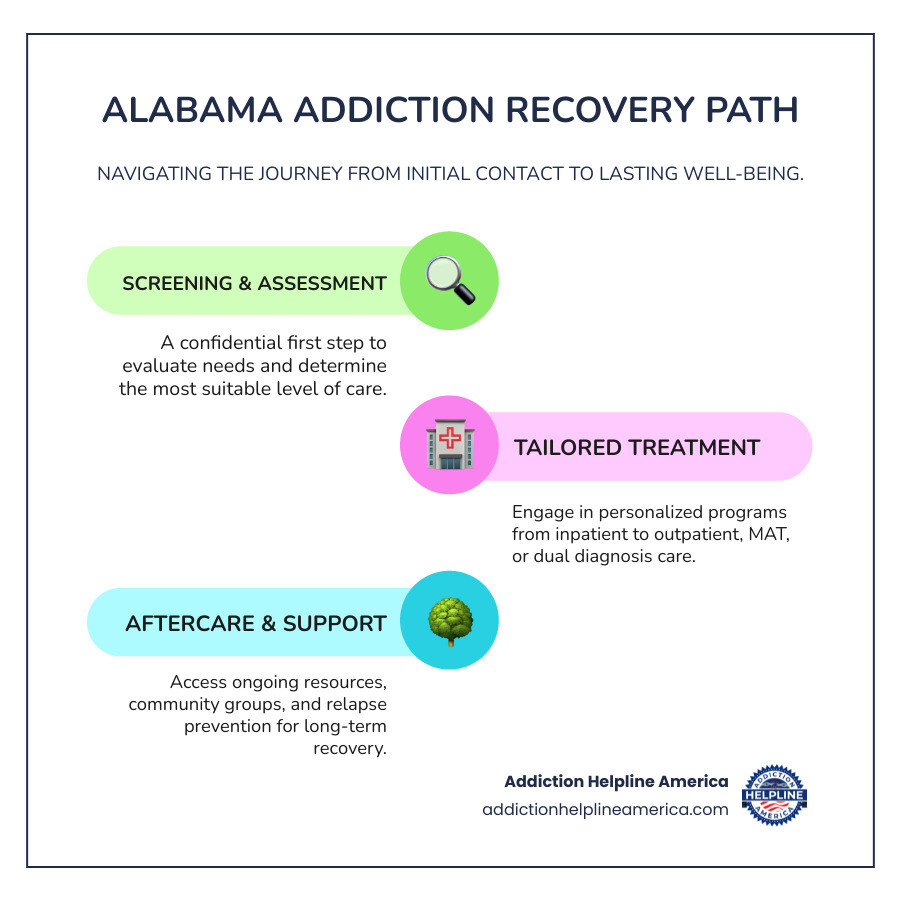 infographic showing the Alabama addiction treatment pathway from initial contact through screening, assessment, treatment levels, and aftercare support, with icons representing each stage and arrows showing progression - Addiction Treatment in Alabama infographic infographic-line-3-steps-colors infographic showing the Alabama addiction treatment pathway from initial contact through screening, assessment, treatment levels, and aftercare support, with icons representing each stage and arrows showing progression - Addiction Treatment in Alabama infographic infographic-line-3-steps-colors