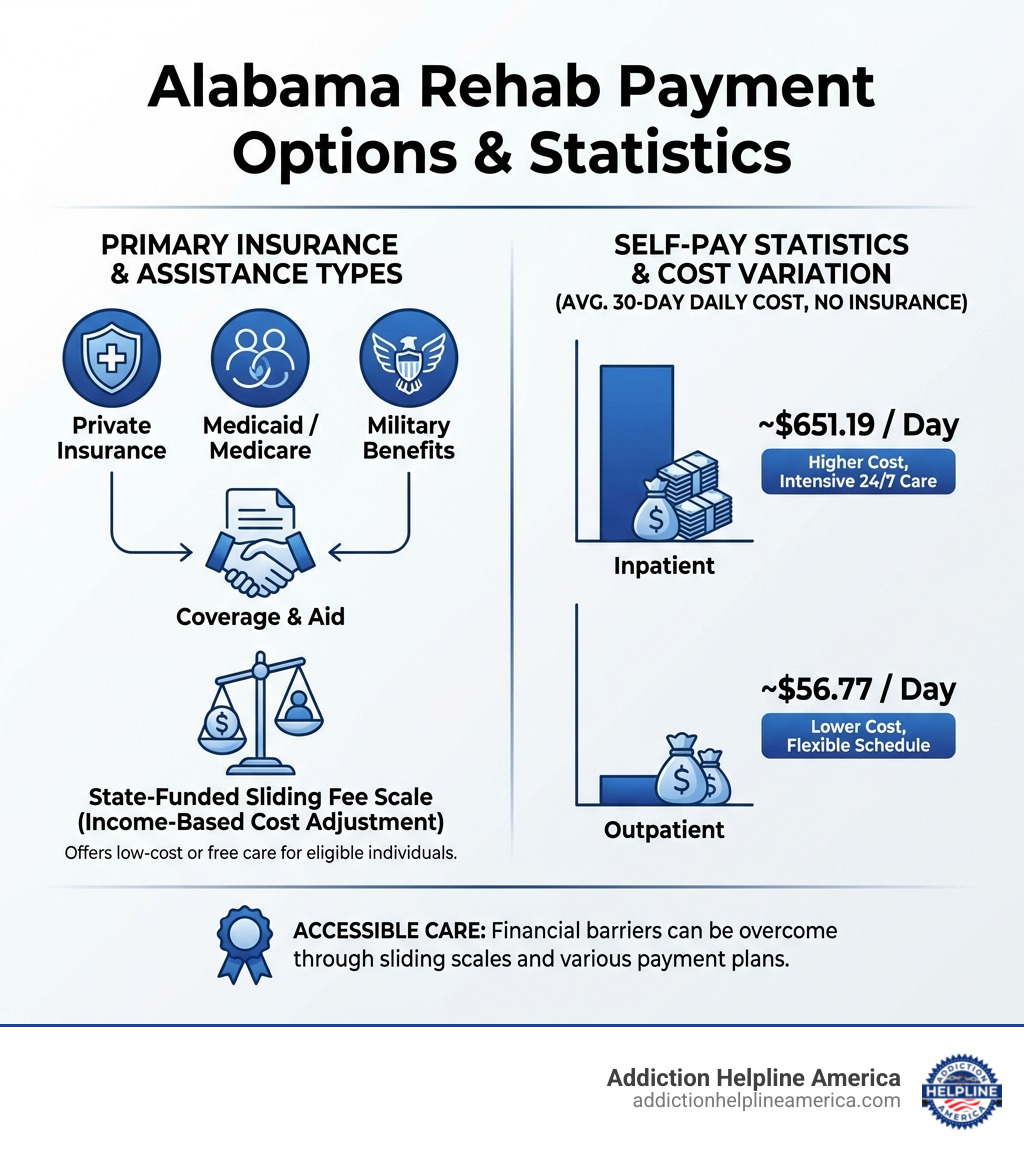 infographic breaking down the primary payment options for rehab in Alabama, including insurance types and self-pay statistics - Addiction Treatment in Alabama infographic infographic breaking down the primary payment options for rehab in Alabama, including insurance types and self-pay statistics - Addiction Treatment in Alabama infographic