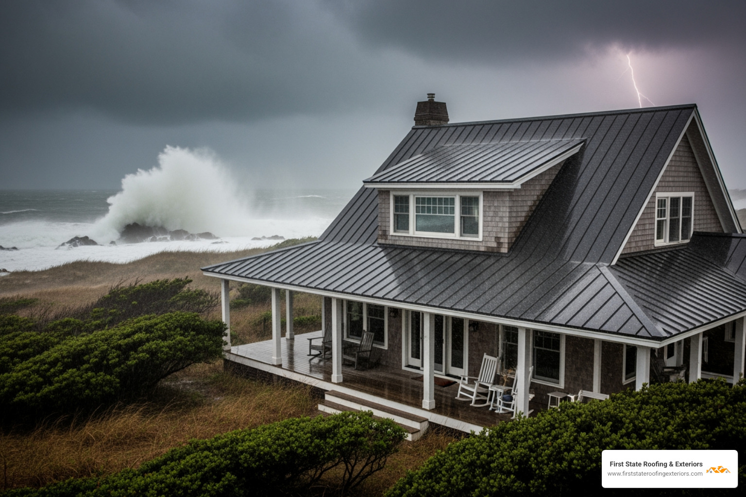 a metal roof on a coastal home during a storm, showcasing its durability - roof replacement cost Dover