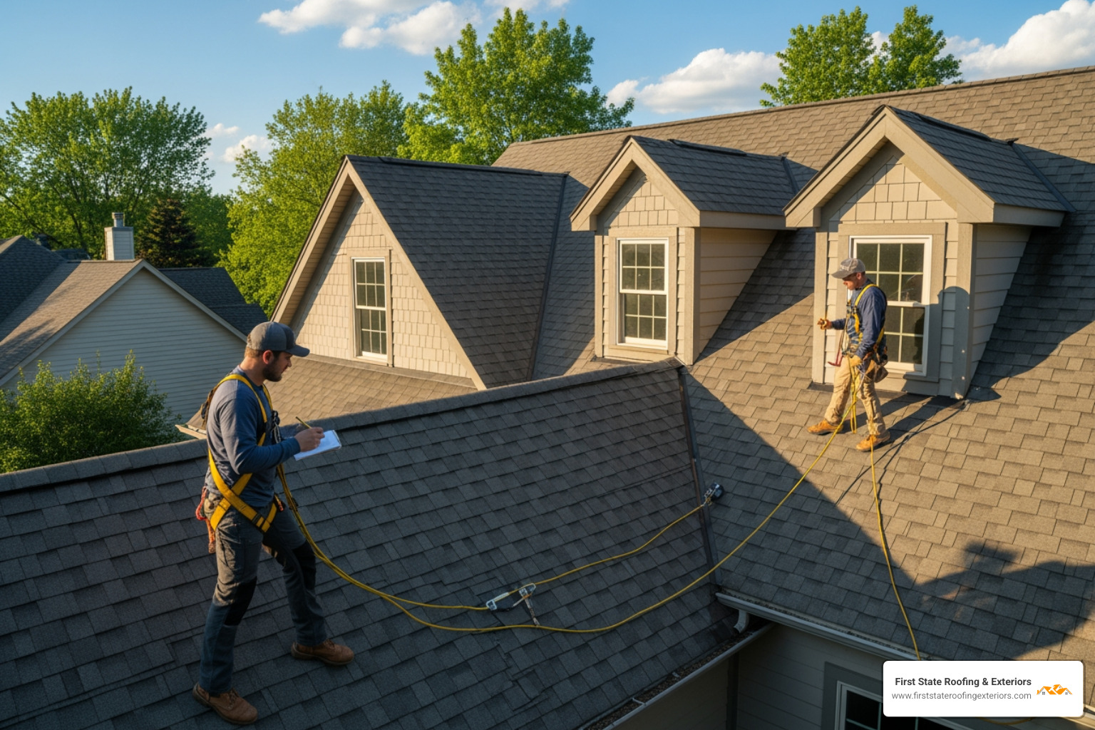 complex roof with multiple dormers, valleys, and a steep pitch, and a roofer in a safety harness inspecting it - roof replacement cost Dover