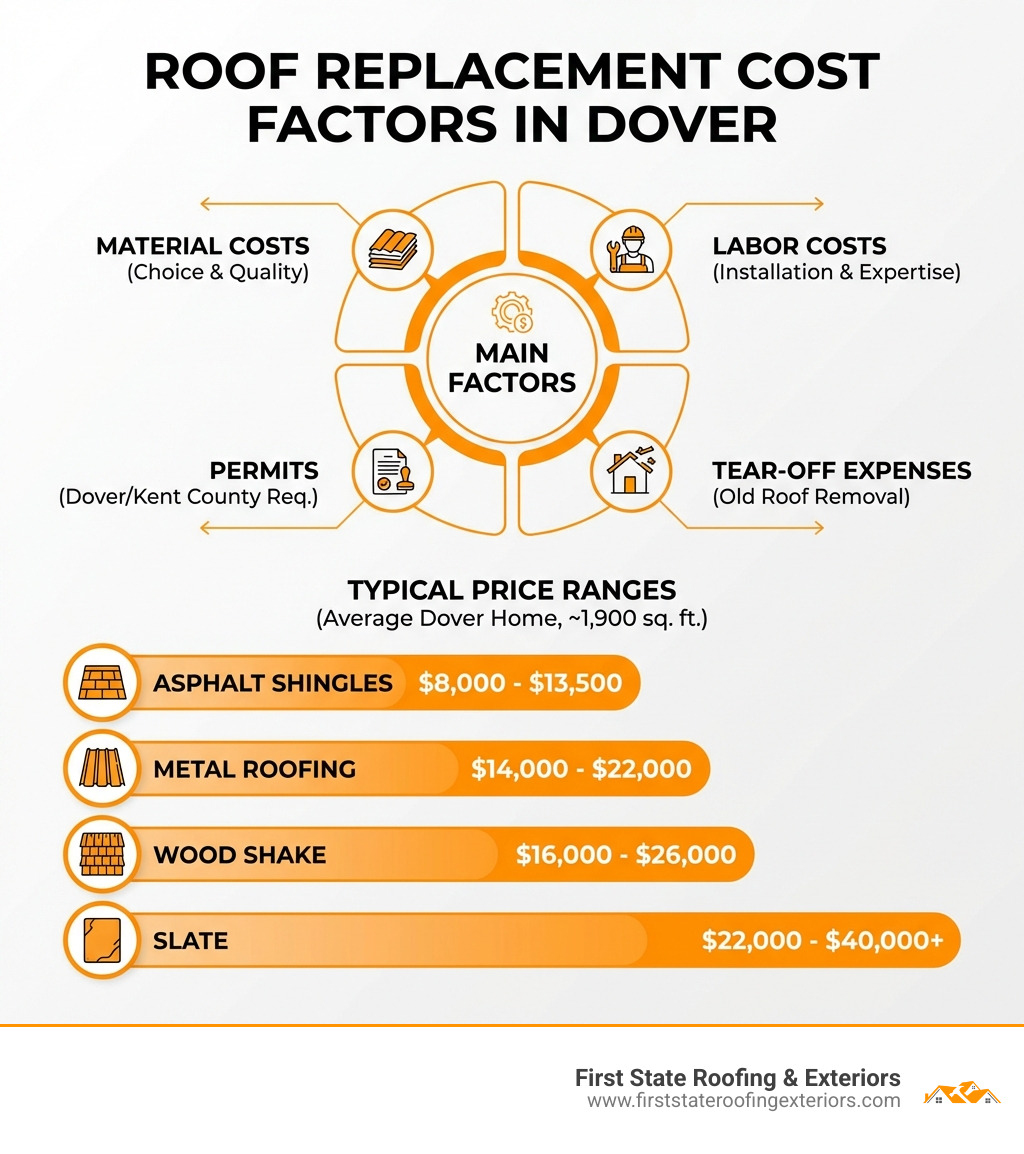 infographic explaining the main factors that determine roof replacement cost in Dover including material costs, labor costs, permits, tear-off expenses, and typical price ranges for different roofing materials like asphalt shingles, metal, wood shake and slate - roof replacement cost Dover infographic 