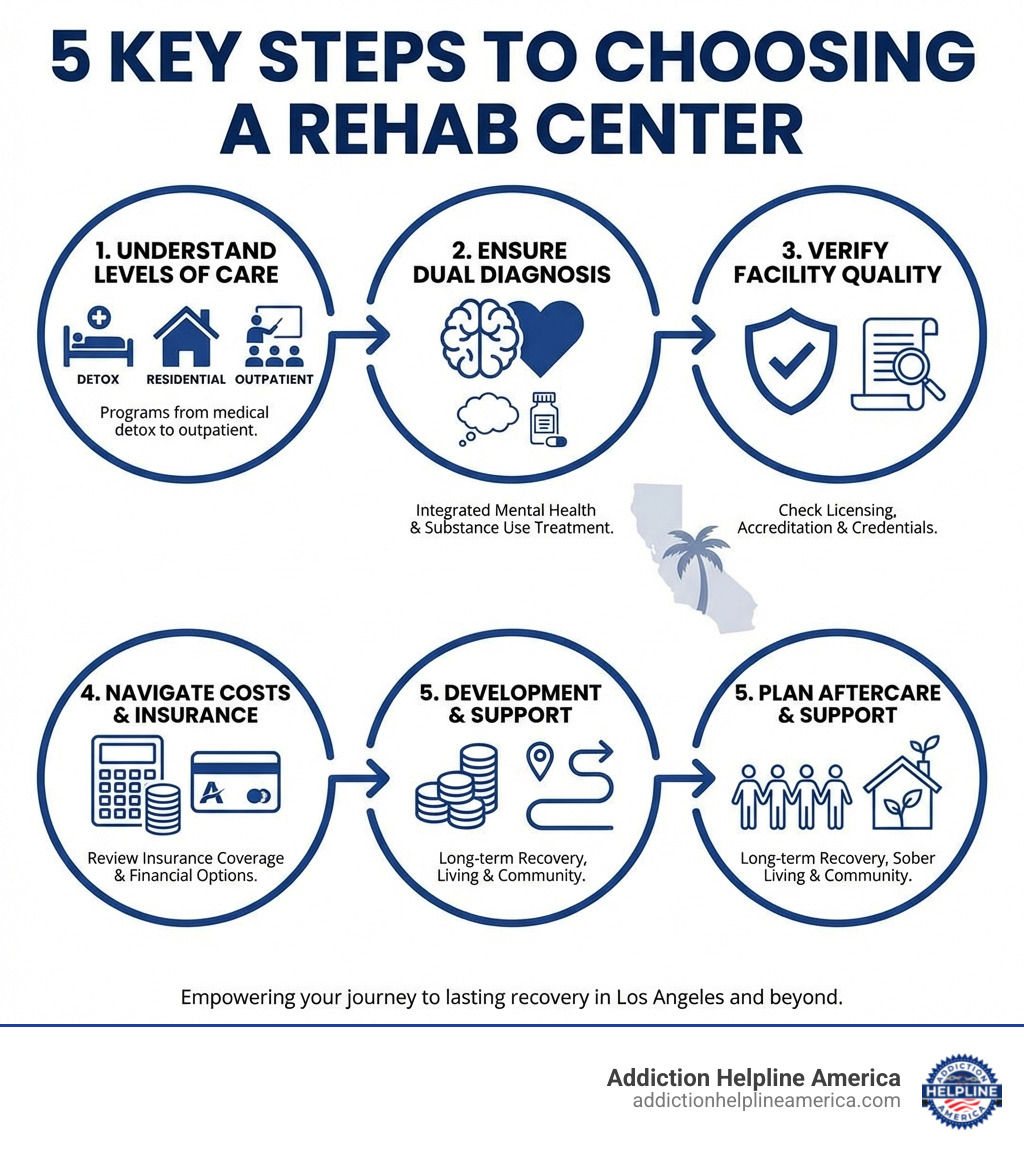 Infographic showing the 5 key steps to choosing a rehab center: 1. Understand levels of care and treatment programs, 2. Ensure dual diagnosis treatment is available, 3. Verify facility quality and licensing, 4. Navigate costs and insurance coverage, 5. Plan for aftercare and long-term support - Rehab near Los Angeles CA infographic 