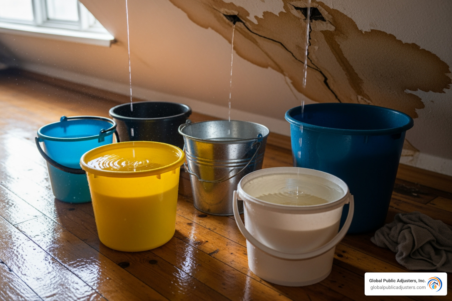 buckets collecting water from a dripping ceiling - ceiling water damage specialists
