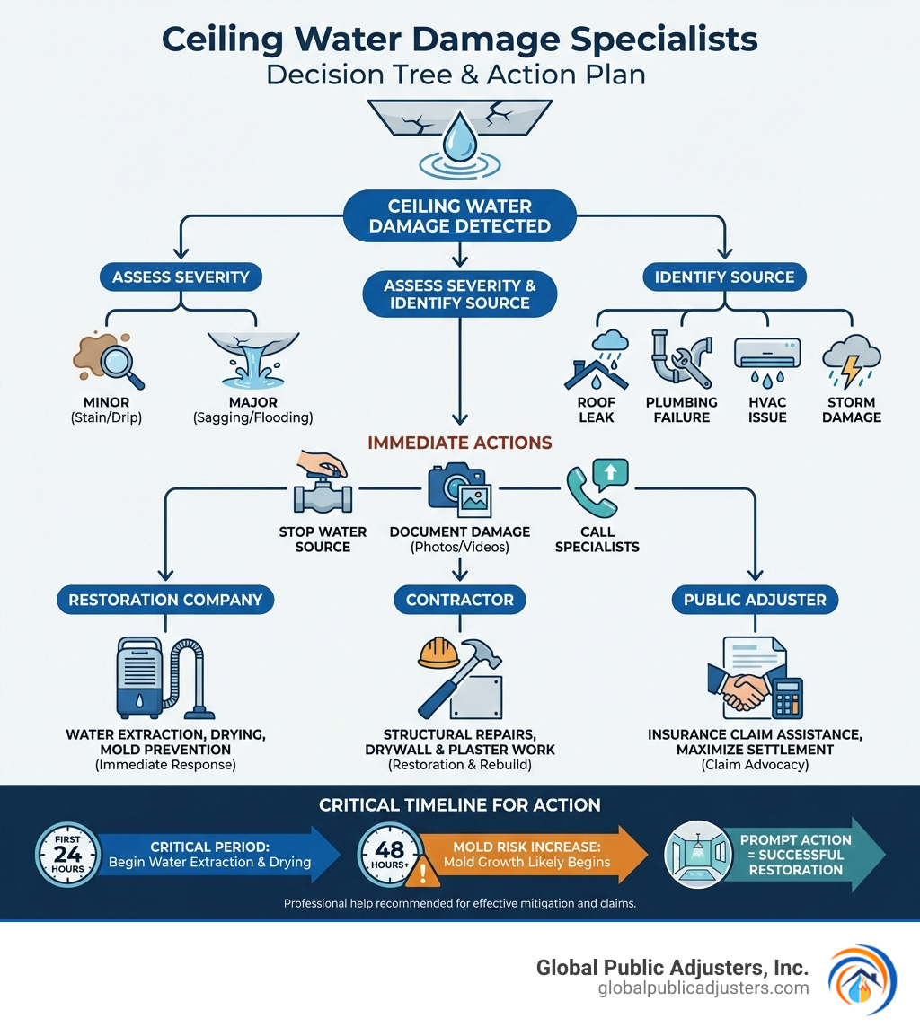 Infographic showing the decision tree for calling ceiling water damage specialists: assessment of damage severity, identification of water source (roof, plumbing, HVAC, storm), immediate actions (stop water, document damage, call specialists), types of professionals needed (restoration company for water extraction and drying, contractor for repairs, public adjuster for insurance claims), and timeline for action (first 24 hours critical, mold risk after 48 hours) - ceiling water damage specialists infographic 