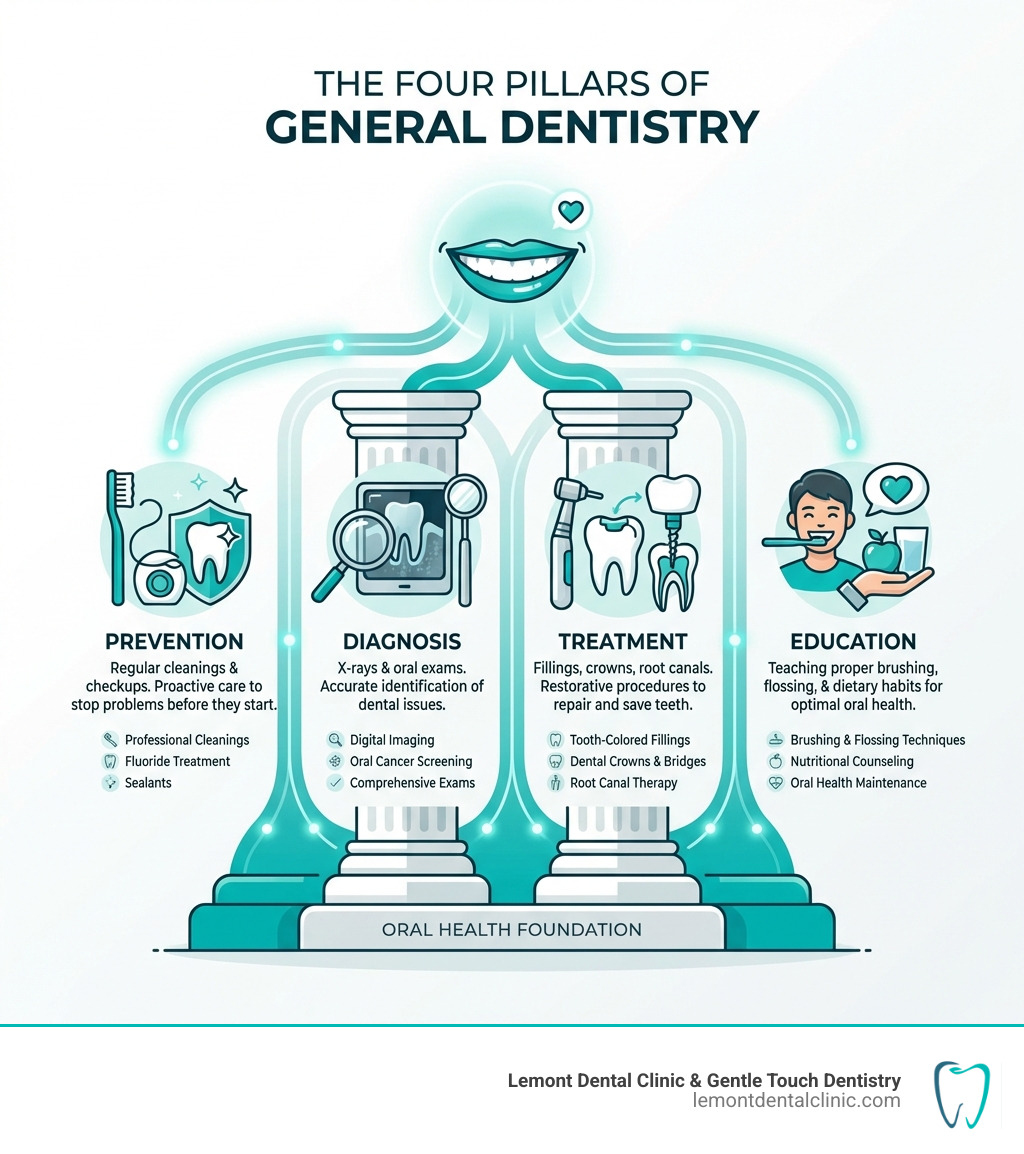 Infographic showing the four pillars of general dentistry: Prevention (regular cleanings and checkups), Diagnosis (X-rays and oral exams), Treatment (fillings, crowns, root canals), and Education (teaching proper brushing, flossing, and dietary habits for optimal oral health) - general dentistry near me infographic 