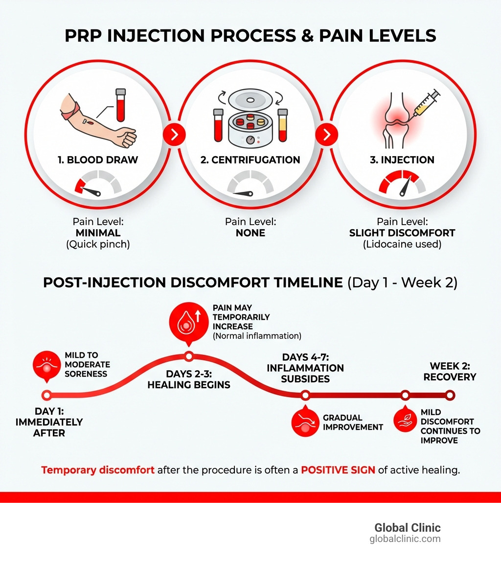 Detailed infographic showing the PRP injection process from blood draw through centrifugation to injection, with pain level indicators at each stage and timeline of expected discomfort levels from day 1 through week 2 - does a prp injection hurt infographic 