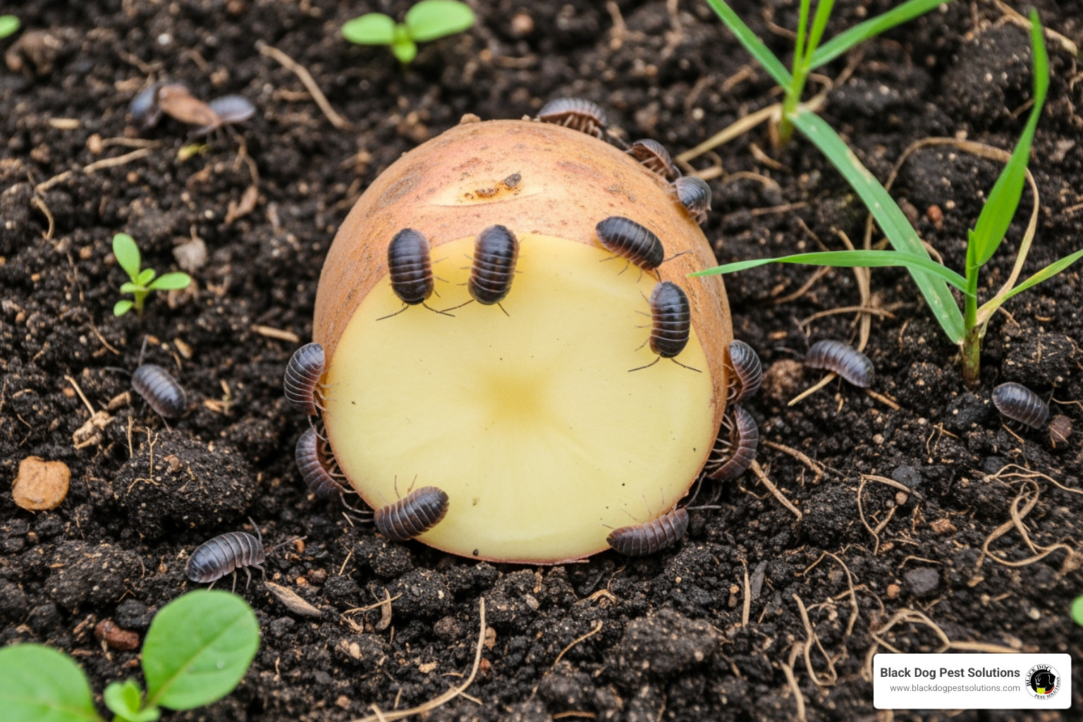 potato trap placed in a garden bed to attract pill bugs - Organic pill bug control potato trap placed in a garden bed to attract pill bugs - Organic pill bug control