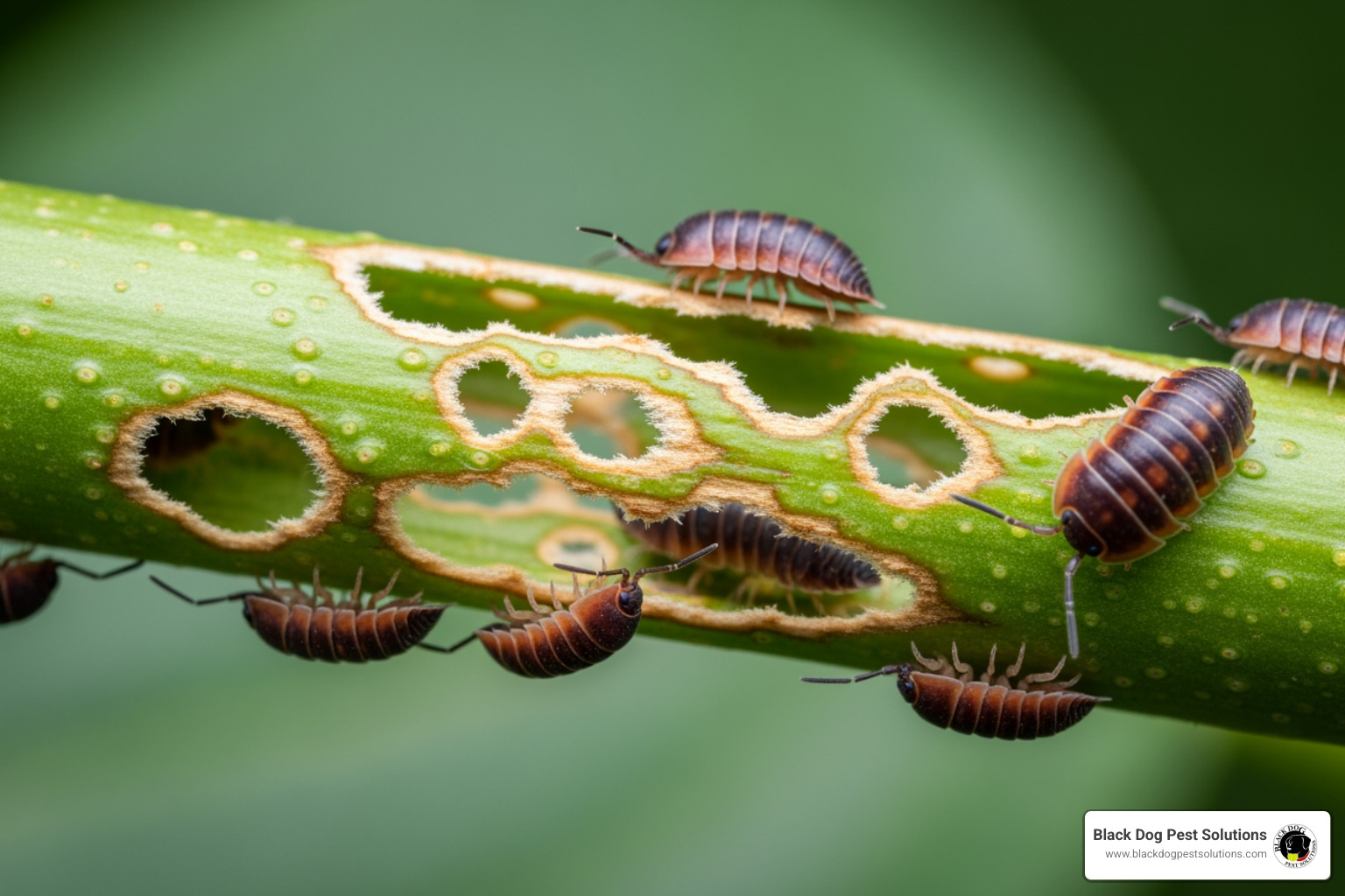 classic pill bug damage on a young plant's stem or a strawberry - Organic pill bug control classic pill bug damage on a young plant's stem or a strawberry - Organic pill bug control