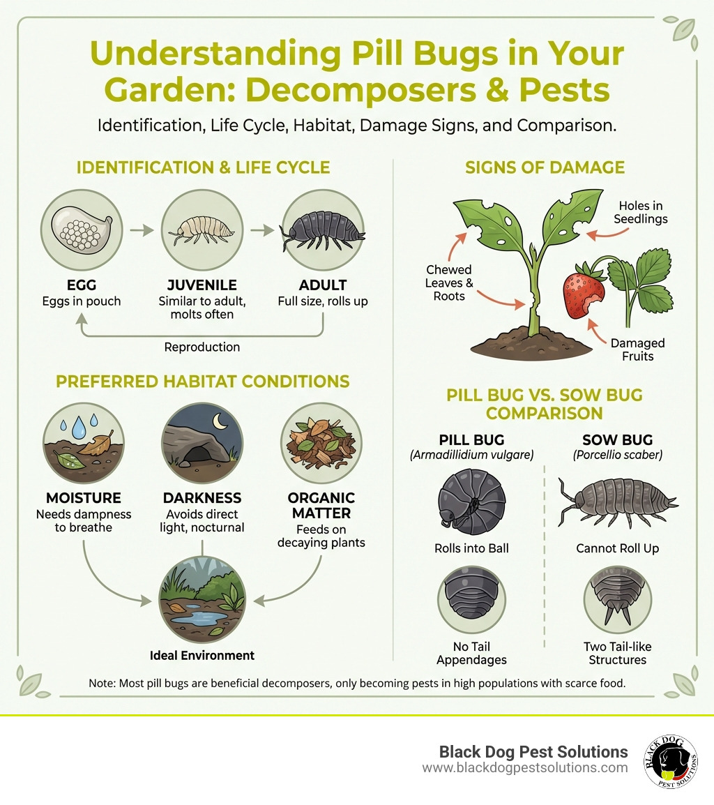 Infographic showing pill bug identification, life cycle, preferred habitat conditions (moisture, darkness, organic matter), signs of damage on seedlings and young plants, and a quick comparison chart of pill bugs versus sow bugs with images highlighting the key difference: pill bugs roll into a ball and have no tail appendages, while sow bugs have two tail-like structures and cannot roll up - how to get rid of pill bugs in garden infographic Infographic showing pill bug identification, life cycle, preferred habitat conditions (moisture, darkness, organic matter), signs of damage on seedlings and young plants, and a quick comparison chart of pill bugs versus sow bugs with images highlighting the key difference: pill bugs roll into a ball and have no tail appendages, while sow bugs have two tail-like structures and cannot roll up - how to get rid of pill bugs in garden infographic
