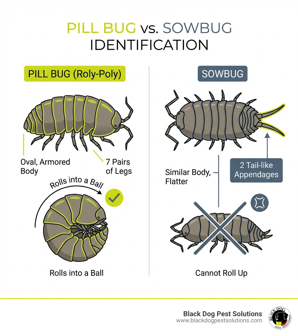 infographic showing pill bug identification with seven pairs of legs, oval armored body, ability to roll into a ball, and comparison to sowbugs which have two tail-like appendages and cannot roll up - what kills pill bugs instantly infographic infographic showing pill bug identification with seven pairs of legs, oval armored body, ability to roll into a ball, and comparison to sowbugs which have two tail-like appendages and cannot roll up - what kills pill bugs instantly infographic