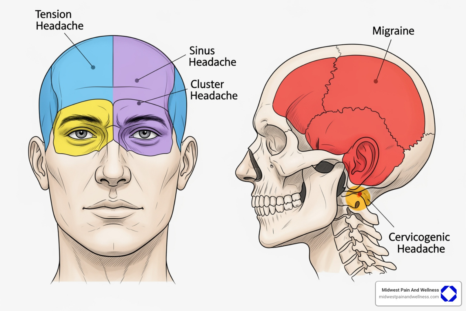 Image illustrating the pain location for different headache types - headache clinic