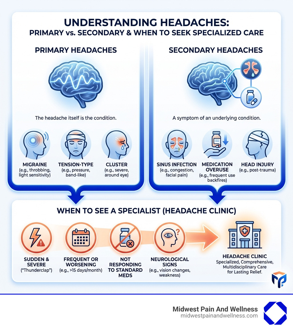 Infographic explaining the differences between primary and secondary headaches and when to see a specialist - headache clinic infographic 